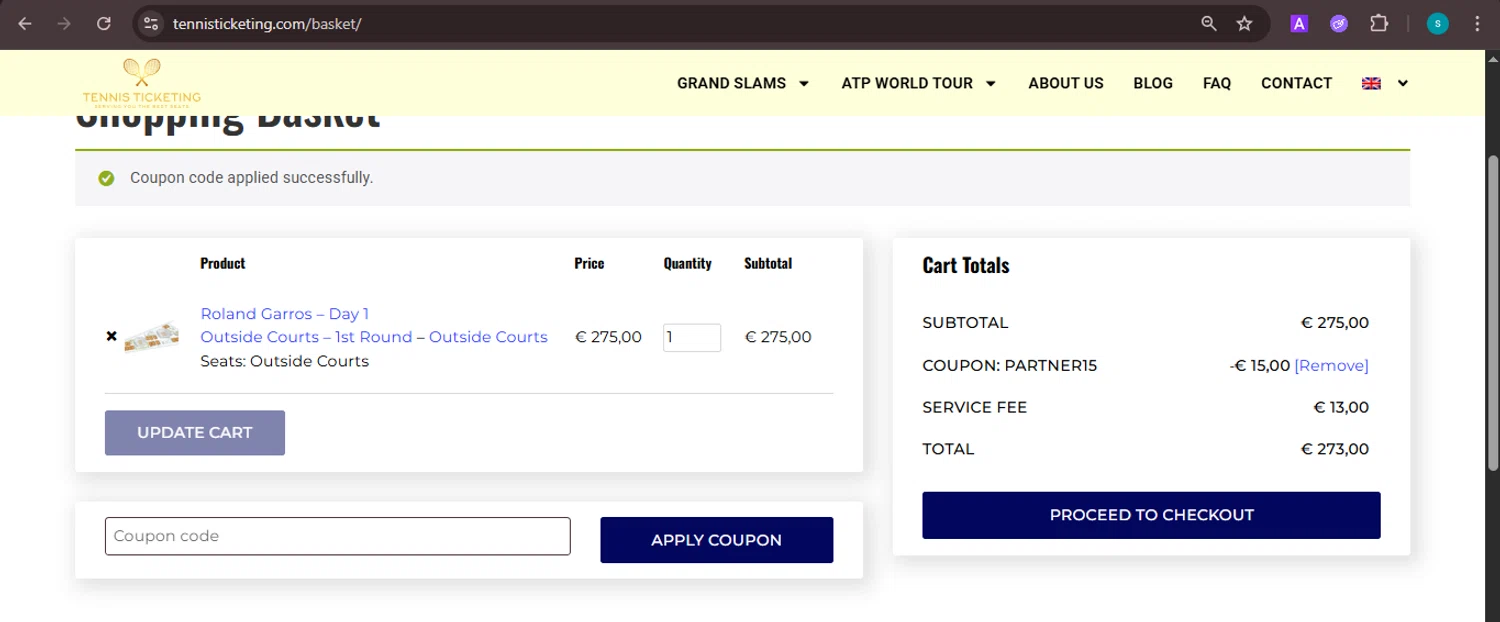 Tennisticketing.com promo code screenshot showing code PARTNER15 applied at Tennisticketing.com checkout page. Uploaded by SimplyCodes community member ValiantChaser7723 on Nov 10, 2025