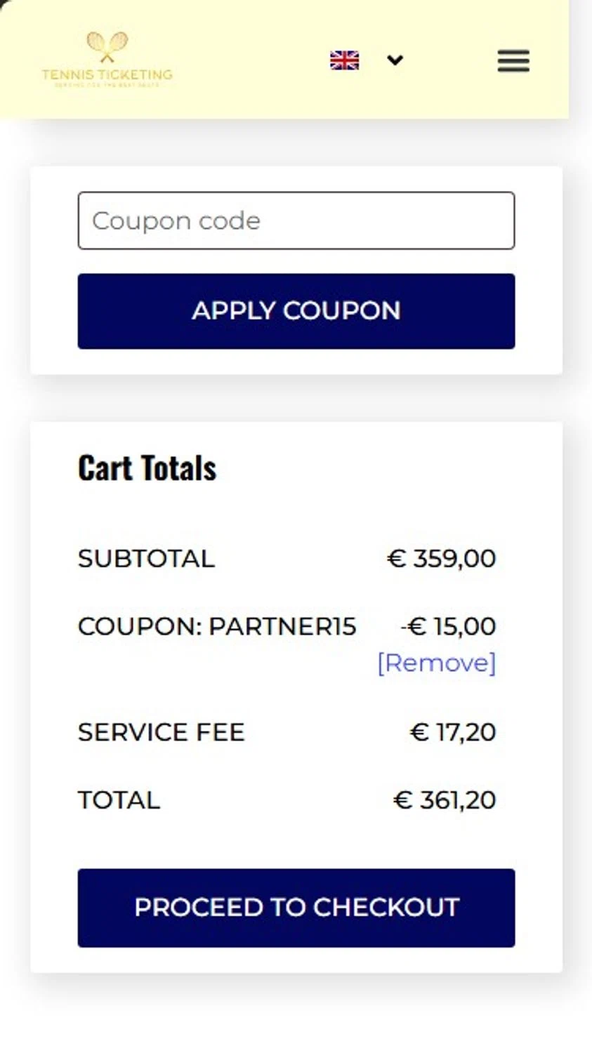 Tennisticketing.com promo code screenshot showing code PARTNER15 applied at Tennisticketing.com checkout page. Uploaded by SimplyCodes community member RonaldoM32 on Nov 10, 2025