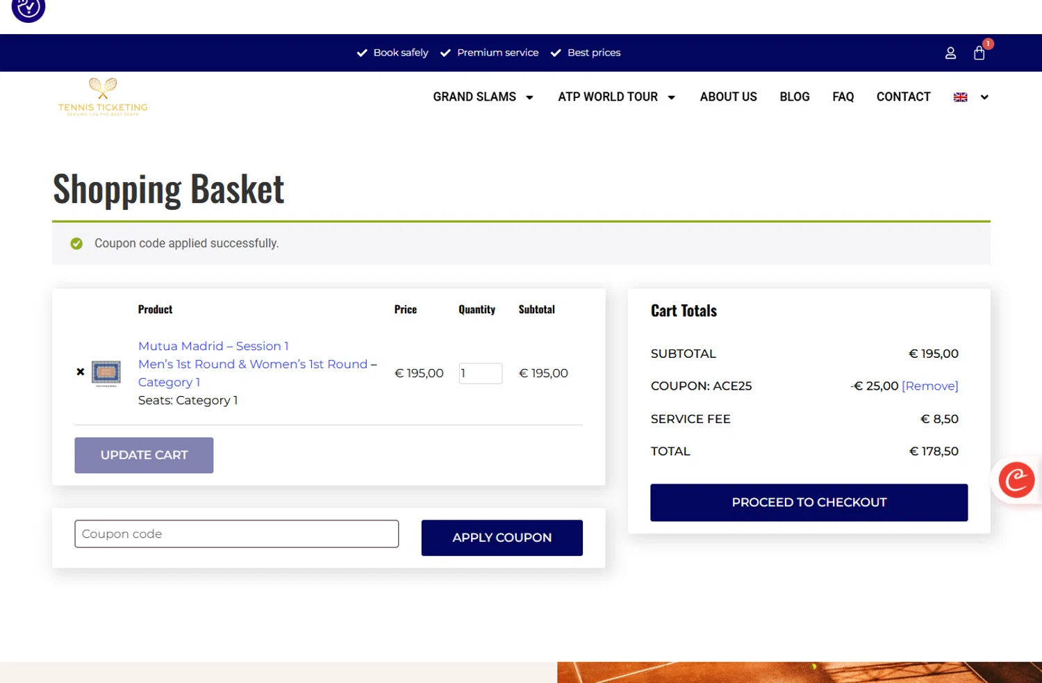 Tennisticketing.com promo code screenshot showing code ACE25 applied at Tennisticketing.com checkout page. Uploaded by SimplyCodes community member ivantorres on Dec 22, 2025
