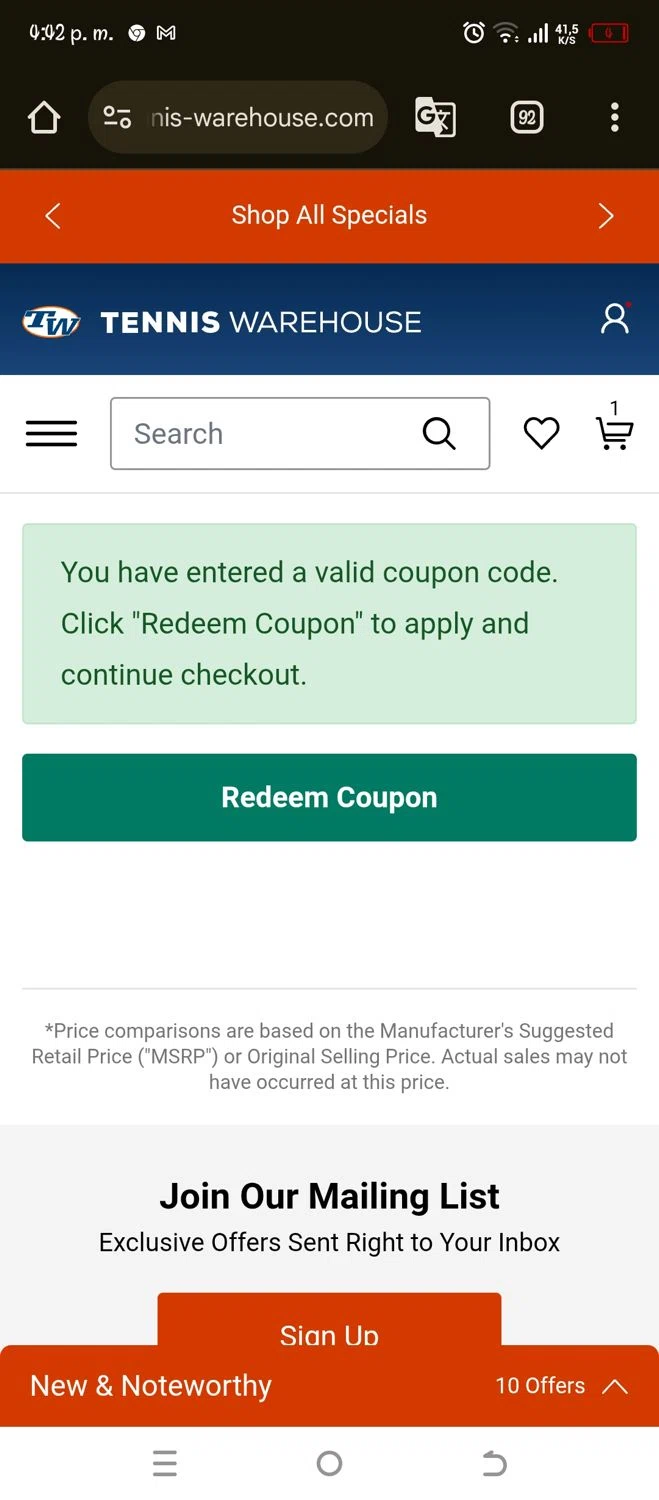 Tennis Warehouse promo code screenshot showing code YONDEMO25 applied at Tennis Warehouse checkout page. Uploaded by SimplyCodes community member Pipina on Mar 2, 2025