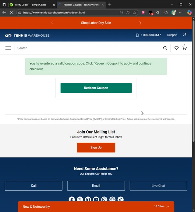 Tennis Warehouse checkout page showing Tennis Warehouse promo code box | Screenshot taken by SimplyCodes community member on Aug 29, 2025