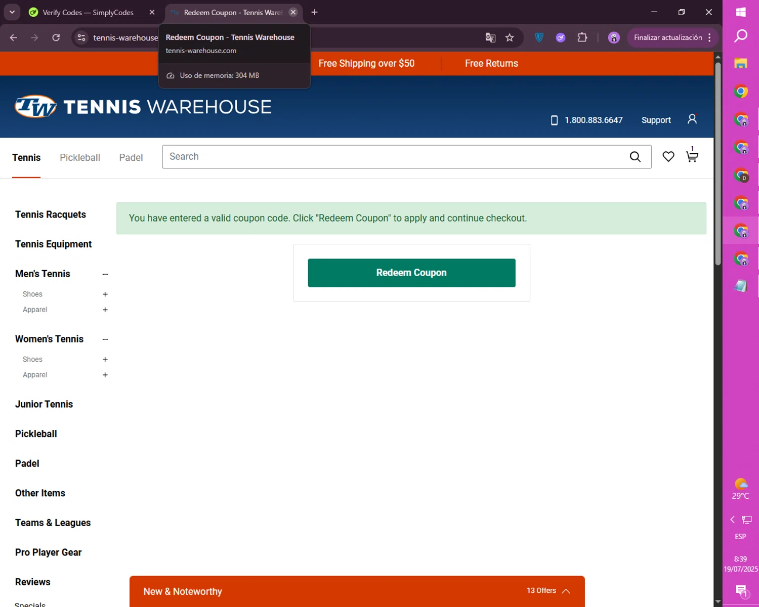 Tennis Warehouse promo code screenshot showing code Pkdemo25 applied at Tennis Warehouse checkout page. Uploaded by SimplyCodes community member FortunateScholar4524 on Jul 19, 2025