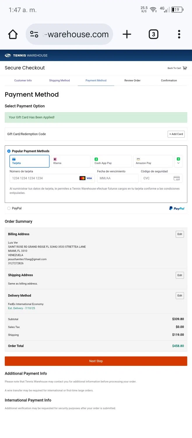 Tennis Warehouse promo code screenshot showing code DUNDEMO25 applied at Tennis Warehouse checkout page. Uploaded by SimplyCodes community member Luis0101 on Jul 3, 2025
