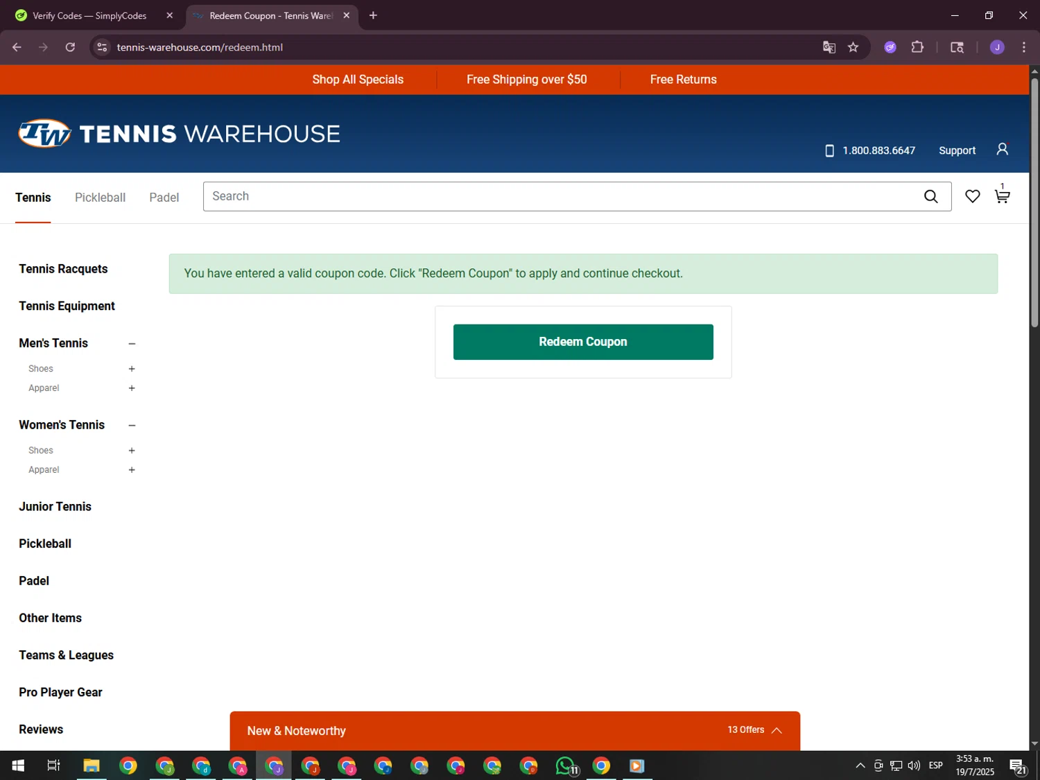 Tennis Warehouse promo code screenshot showing code DUNDEMO25 applied at Tennis Warehouse checkout page. Uploaded by SimplyCodes community member ValueHero2277 on Jul 19, 2025