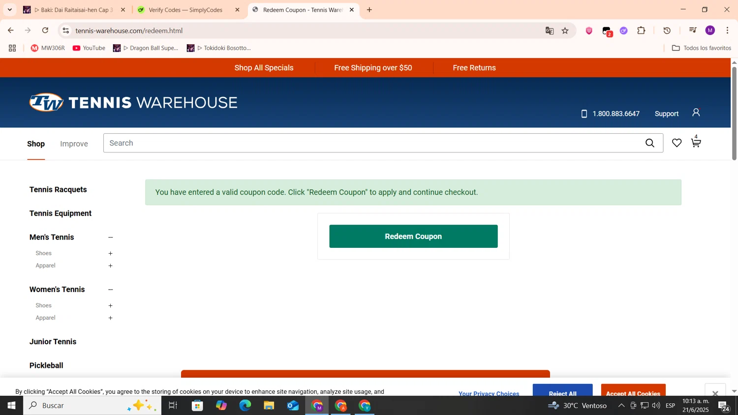 Tennis Warehouse promo code screenshot showing code DUNDEMO25 applied at Tennis Warehouse checkout page. Uploaded by SimplyCodes community member cod_gakpo on Jun 21, 2025
