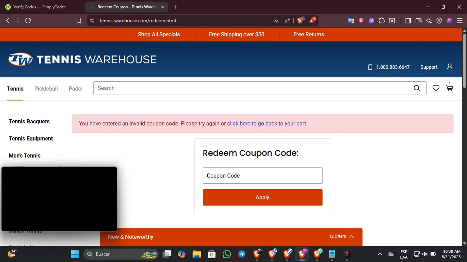 Tennis Warehouse promo code screenshot showing code TWTOWEL applied at Tennis Warehouse checkout page. Uploaded by SimplyCodes community member PennyMaverick9741 on Aug 11, 2025