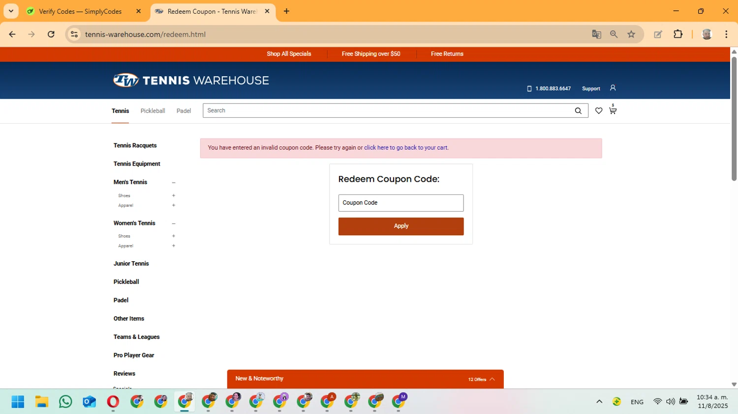 Tennis Warehouse promo code screenshot showing code yrf54evm applied at Tennis Warehouse checkout page. Uploaded by SimplyCodes community member ManuelF on Aug 11, 2025