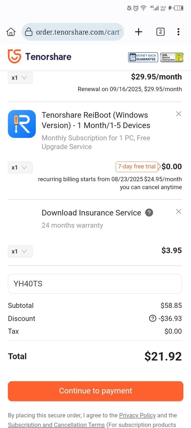 Tenorshare checkout page showing Tenorshare coupon code box | Screenshot taken by SimplyCodes community member on Aug 16, 2025
