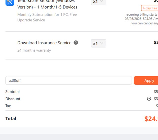 Tenorshare checkout page showing Tenorshare coupon code box | Screenshot taken by SimplyCodes community member on Aug 19, 2025