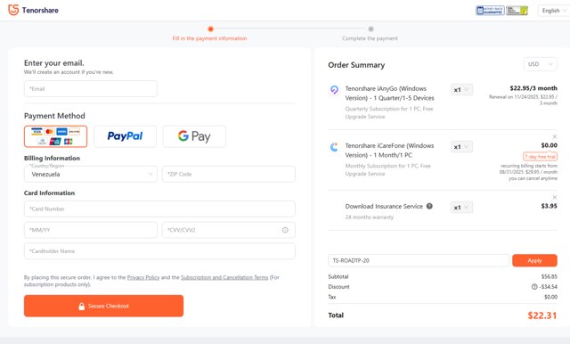 Tenorshare checkout page showing Tenorshare coupon code box | Screenshot taken by SimplyCodes community member on Aug 24, 2025