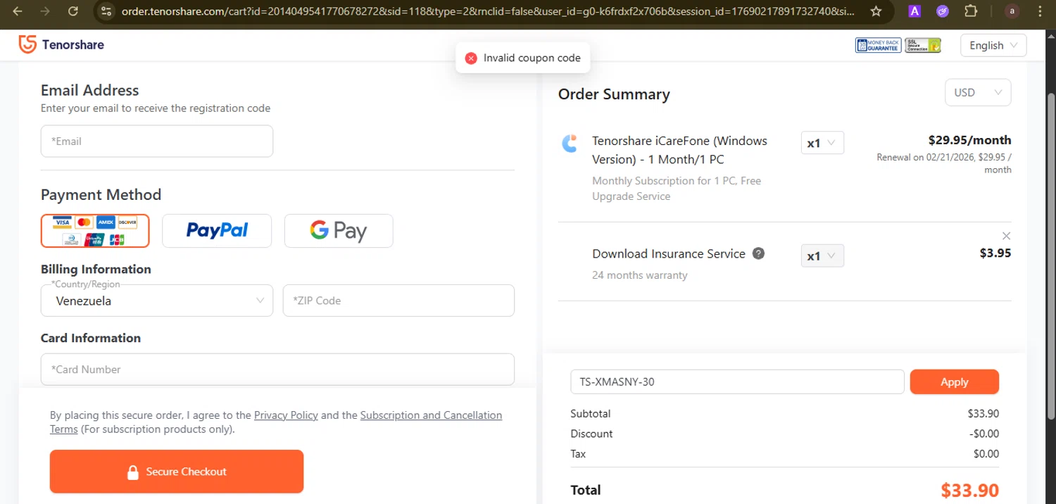 Tenorshare promo code screenshot showing code TS-XMASNY-30 applied at Tenorshare checkout page. Uploaded by SimplyCodes community member GoldCurator1773 on Jan 21, 2026