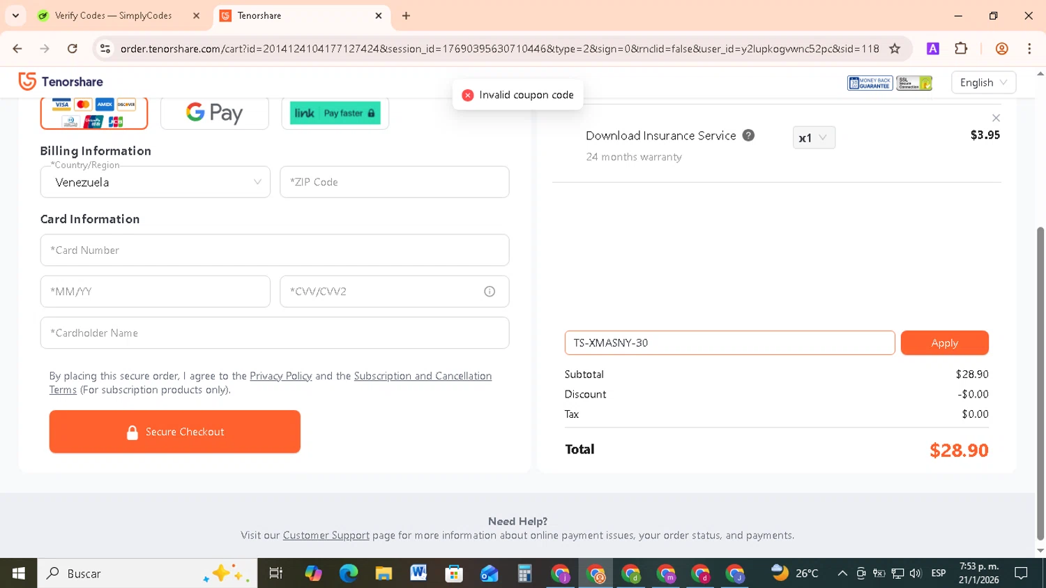 Tenorshare promo code screenshot showing code TS-XMASNY-30 applied at Tenorshare checkout page. Uploaded by SimplyCodes community member RebateCollector5909 on Jan 21, 2026