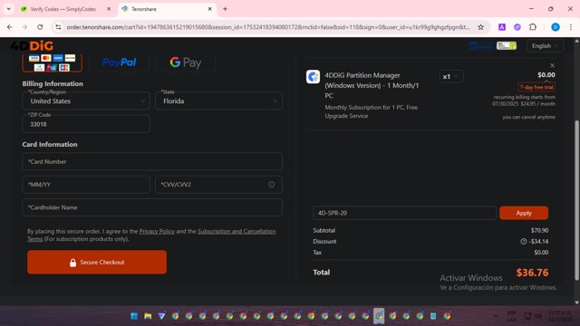 Tenorshare 4DDiG checkout page showing Tenorshare 4DDiG coupon code box | Screenshot taken by SimplyCodes community member on Jul 23, 2025