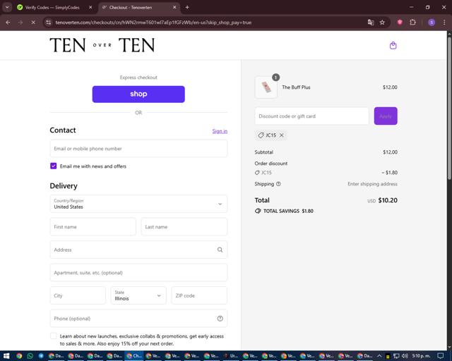 tenoverten checkout page showing tenoverten promo code box | Screenshot taken by SimplyCodes community member on Sep 11, 2025