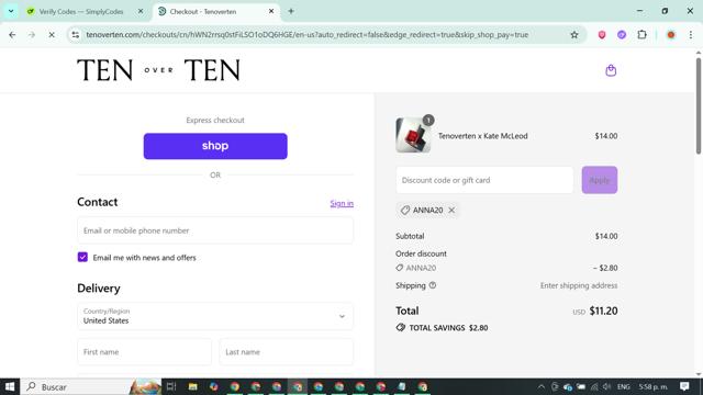tenoverten checkout page showing tenoverten promo code box | Screenshot taken by SimplyCodes community member on Sep 11, 2025