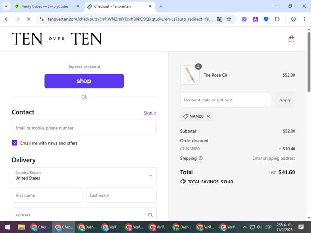 tenoverten checkout page showing tenoverten promo code box | Screenshot taken by SimplyCodes community member on Sep 11, 2025
