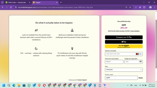 Ten Percent Happier checkout page showing Ten Percent Happier promo code box | Screenshot taken by SimplyCodes community member on Apr 26, 2025