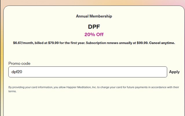 Ten Percent Happier checkout page showing Ten Percent Happier promo code box | Screenshot taken by SimplyCodes community member on Jul 23, 2025