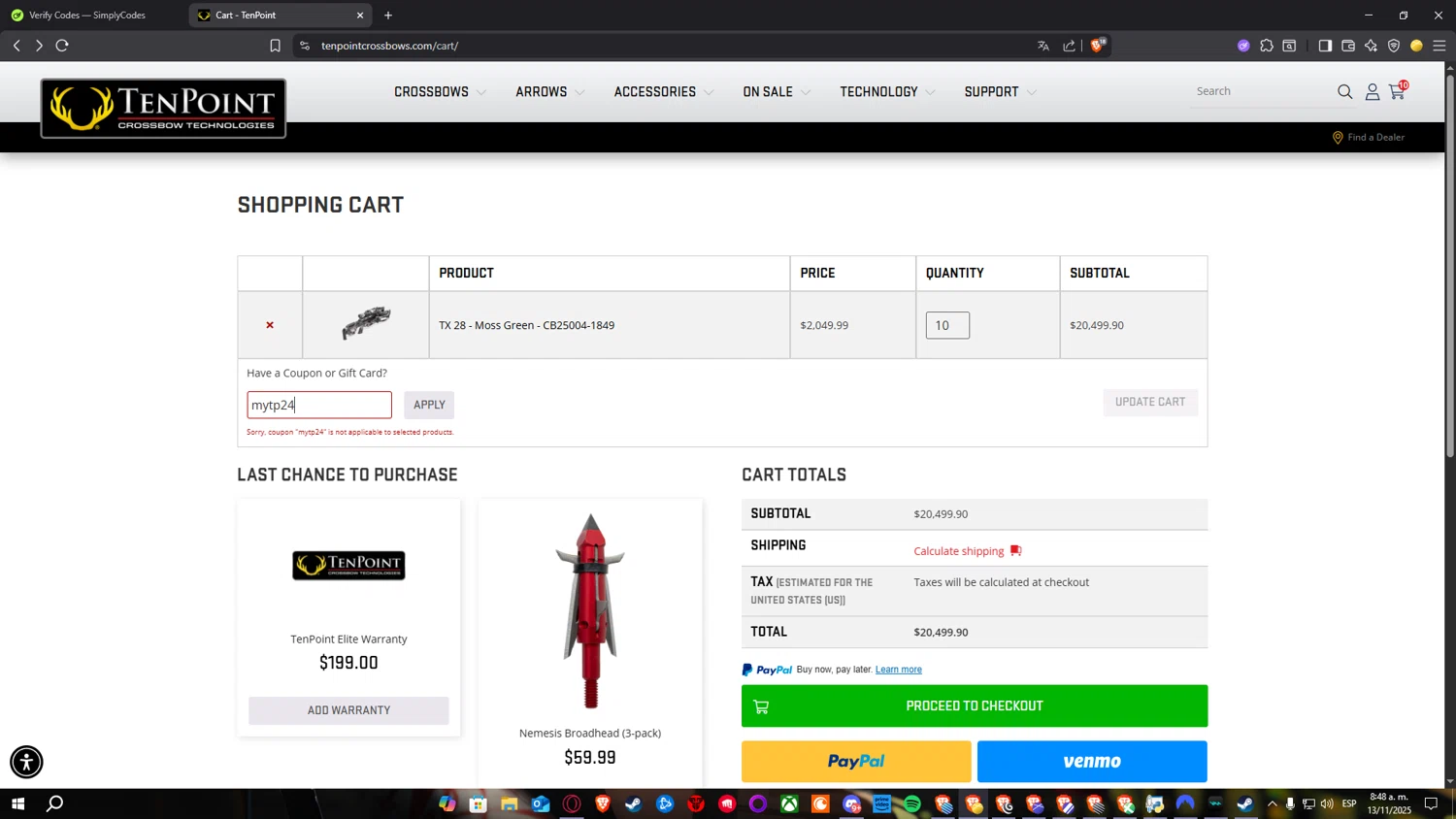 TenPoint Crossbow promo code screenshot showing code mytp24 applied at TenPoint Crossbow checkout page. Uploaded by SimplyCodes community member RickelHumilde on Nov 13, 2025