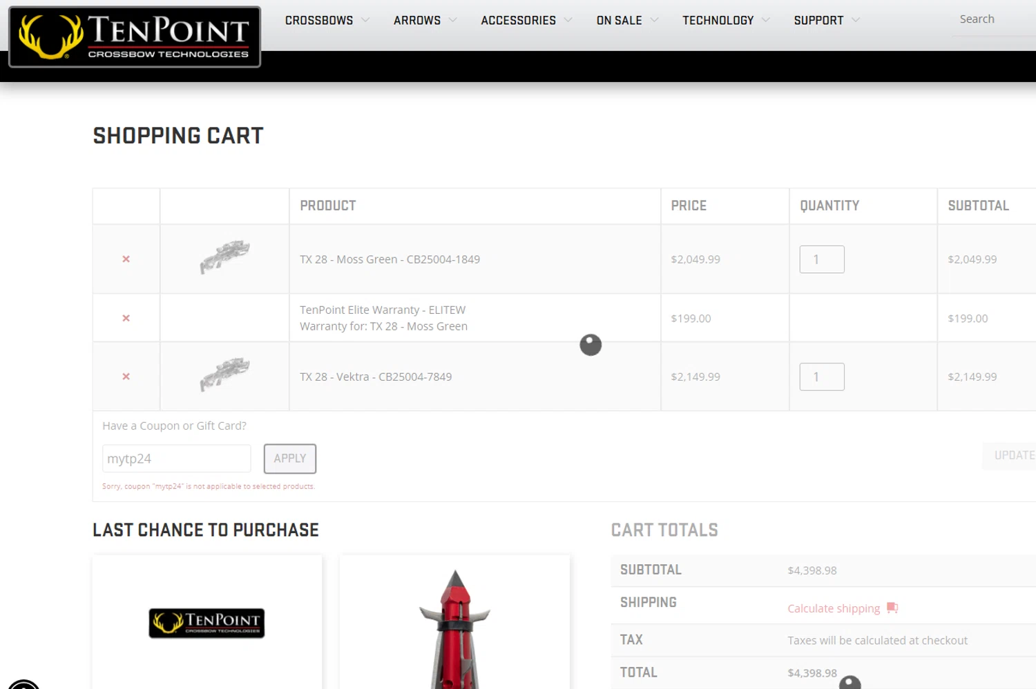 TenPoint Crossbow promo code screenshot showing code mytp24 applied at TenPoint Crossbow checkout page. Uploaded by SimplyCodes community member VoucherSage1271 on Nov 13, 2025