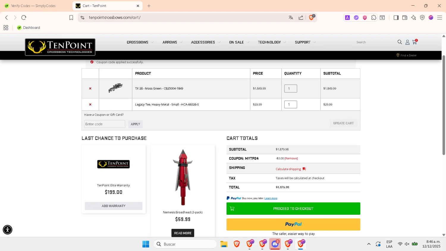 TenPoint Crossbow checkout page showing TenPoint Crossbow promo code box | Screenshot taken by SimplyCodes community member on Dec 12, 2025