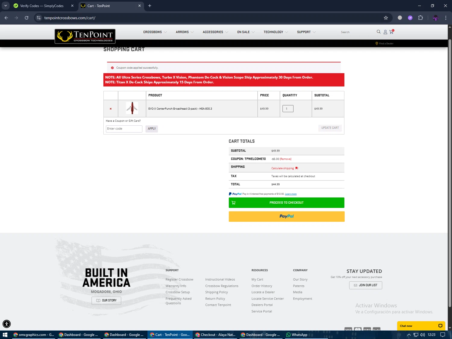 TenPoint Crossbow checkout page showing TenPoint Crossbow promo code box | Screenshot taken by SimplyCodes community member on Feb 11, 2026