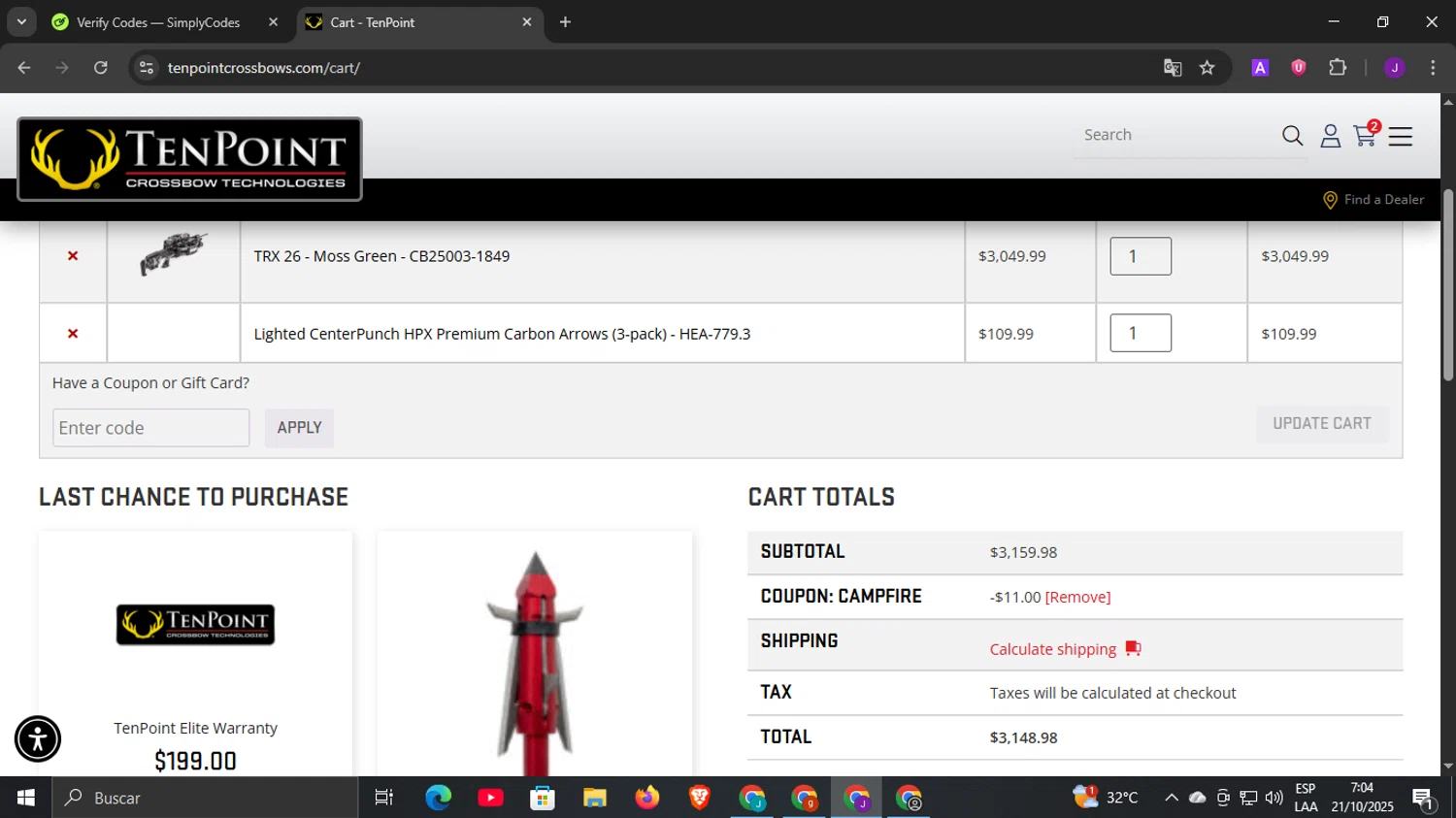 TenPoint Crossbow promo code screenshot showing code campfire applied at TenPoint Crossbow checkout page. Uploaded by SimplyCodes community member DiscountLegend6670 on Oct 21, 2025