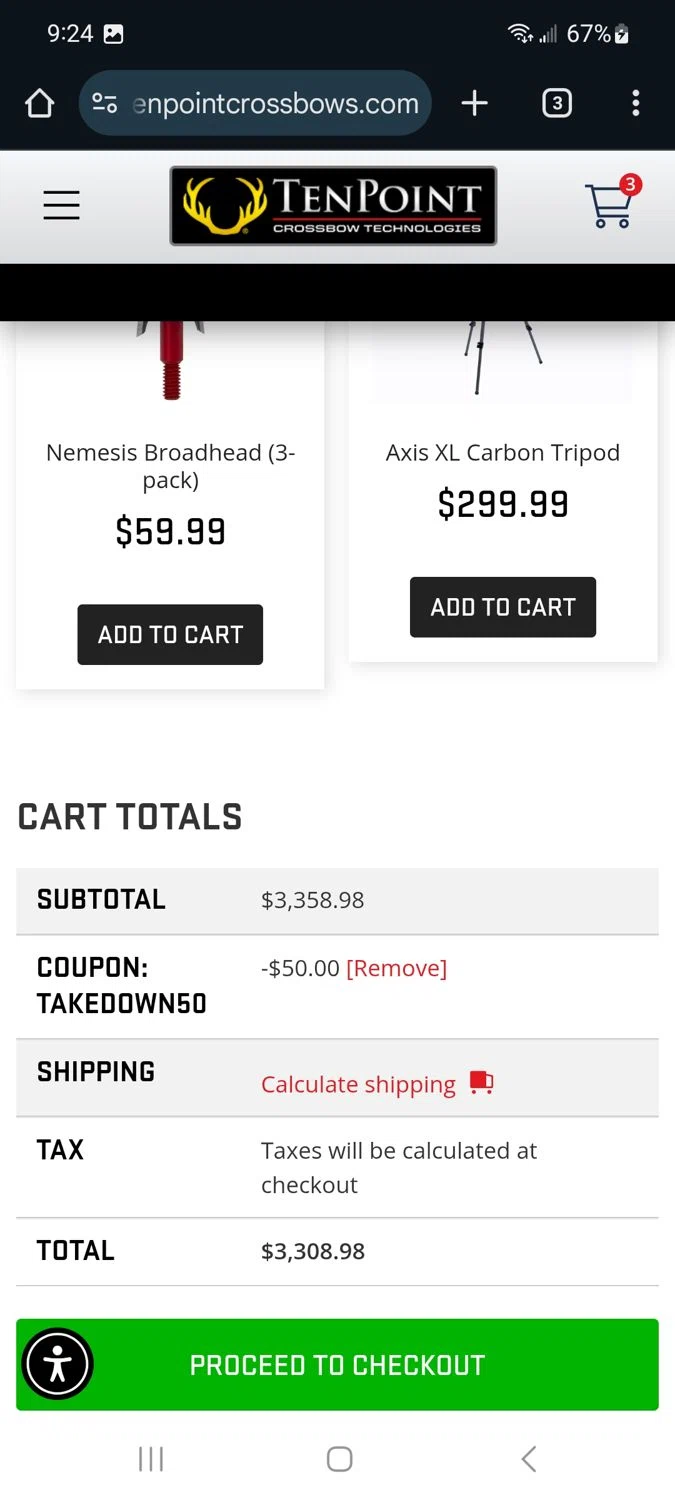 TenPoint Crossbow promo code screenshot showing code Takedown50 applied at TenPoint Crossbow checkout page. Uploaded by SimplyCodes community member Milaya on Aug 8, 2025