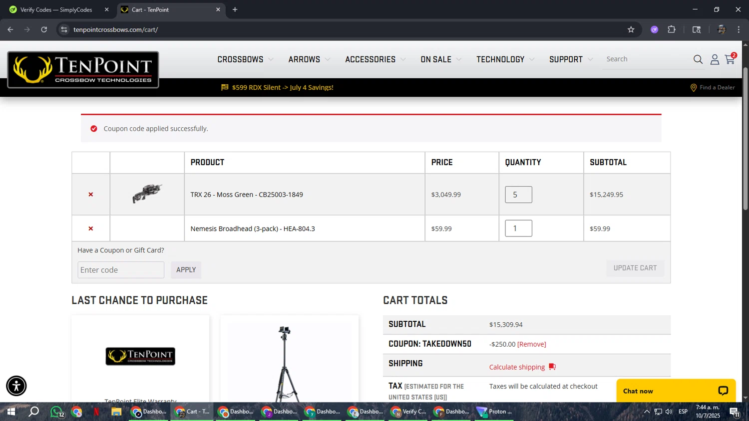 TenPoint Crossbow promo code screenshot showing code Takedown50 applied at TenPoint Crossbow checkout page. Uploaded by SimplyCodes community member xxdddd on Jul 10, 2025