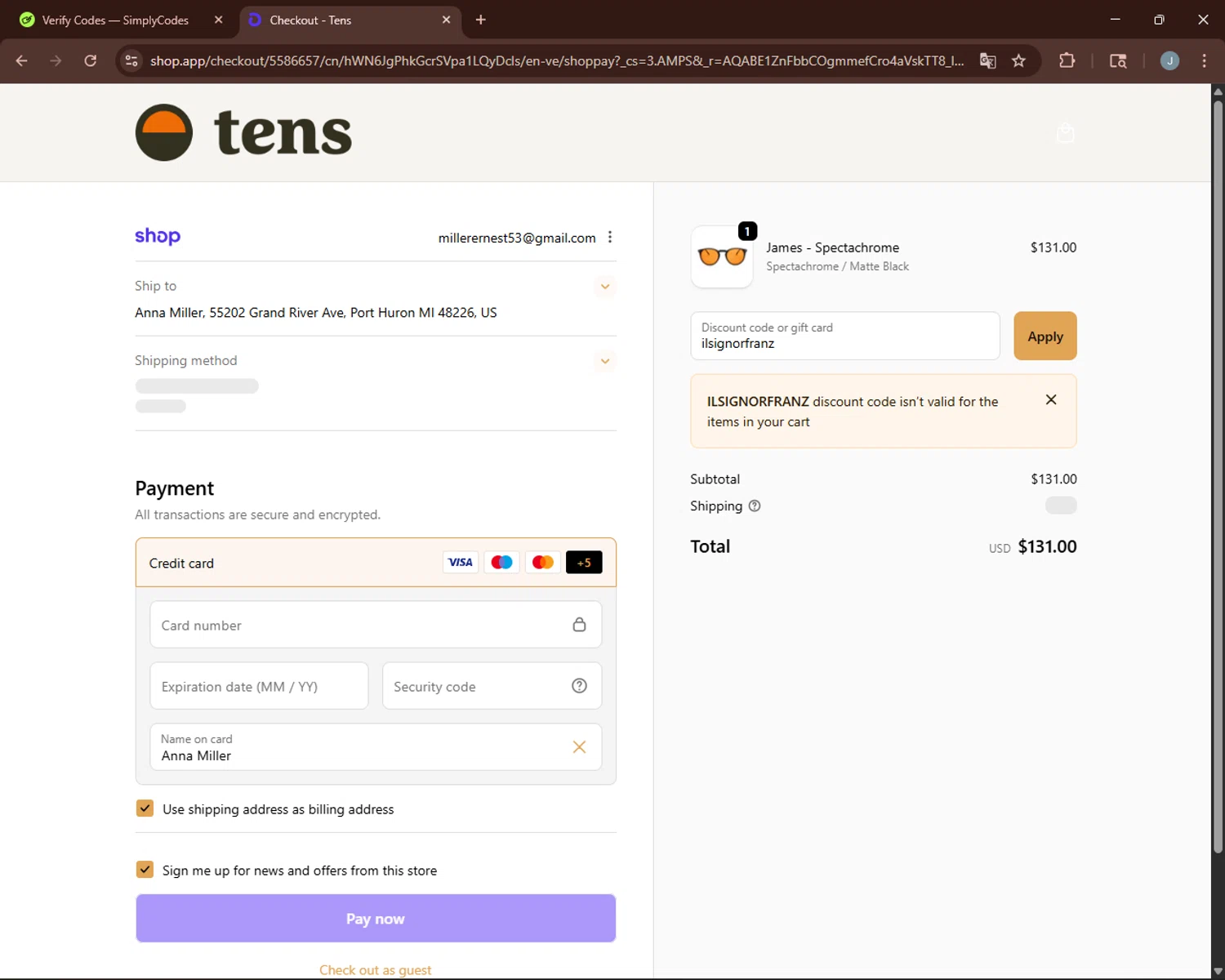 Tens discount code screenshot showing code ilsignorfranz applied at Tens checkout page. Uploaded by SimplyCodes community member BonusGuardian249 on Dec 11, 2025