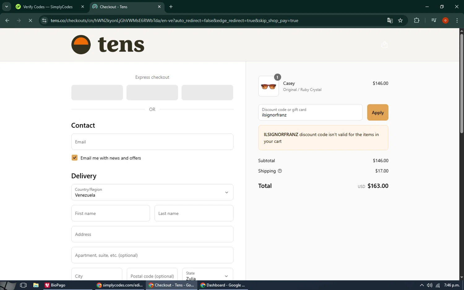 Tens discount code screenshot showing code ilsignorfranz applied at Tens checkout page. Uploaded by SimplyCodes community member CashAdmiral6490 on Sep 8, 2025
