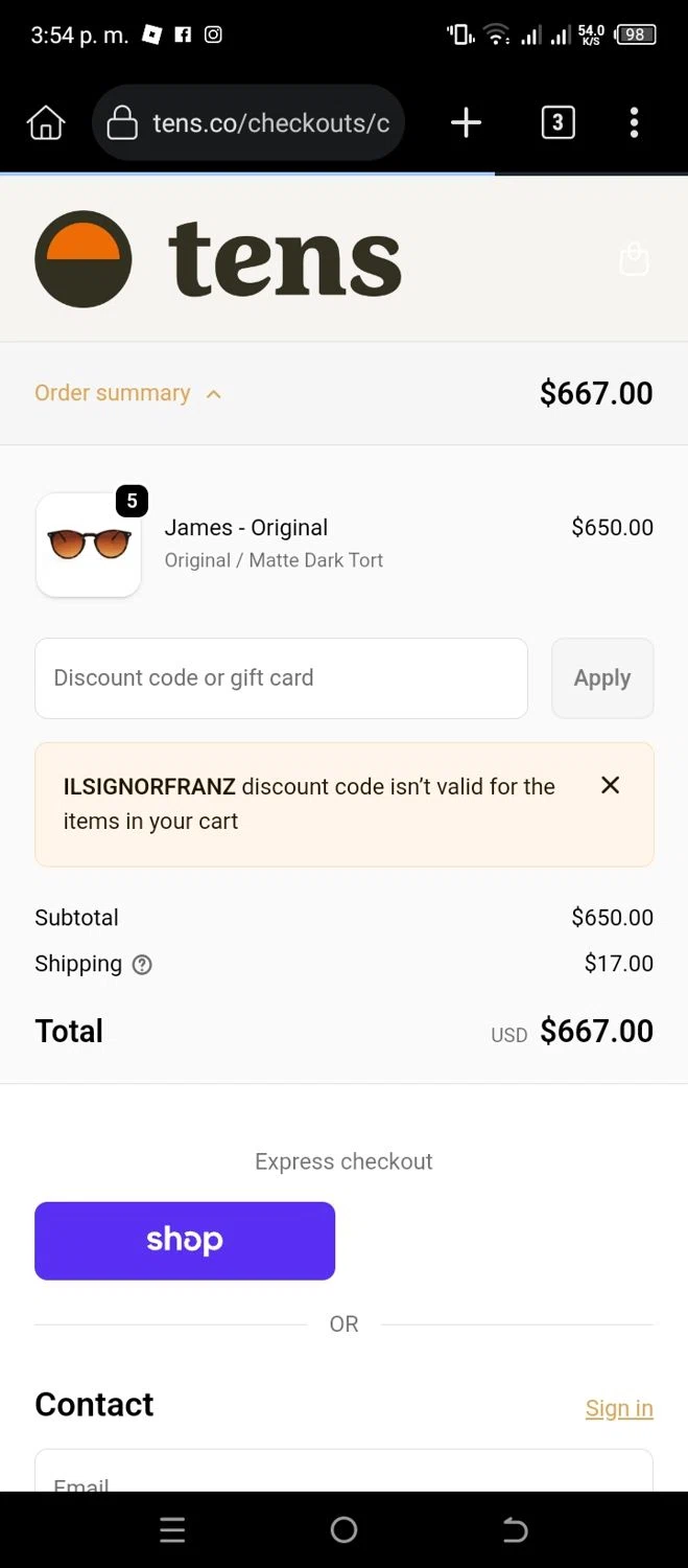 Tens checkout page showing Tens discount code box | Screenshot taken by SimplyCodes community member on Dec 17, 2025