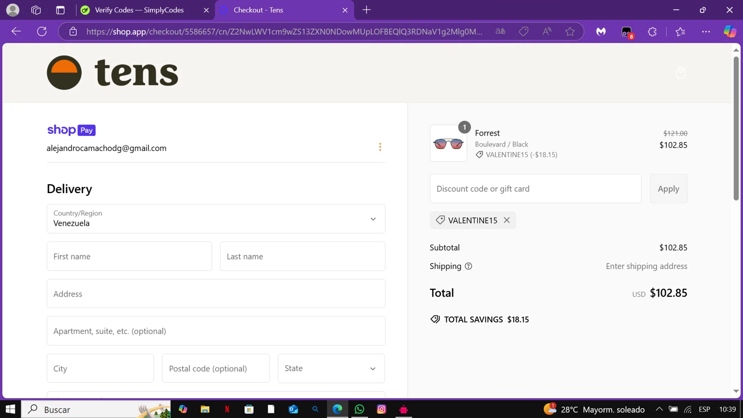Tens discount code screenshot showing code VALENTINE15 applied at Tens checkout page. Uploaded by SimplyCodes community member Lamine_Yamal on Feb 4, 2025