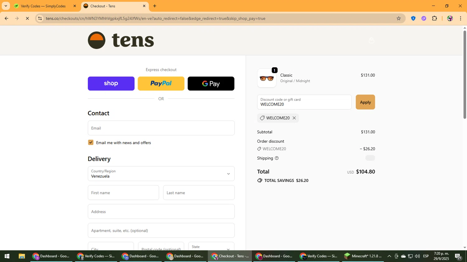 Tens discount code screenshot showing code WELCOME20 applied at Tens checkout page. Uploaded by SimplyCodes community member Vanmanuel on Sep 29, 2025