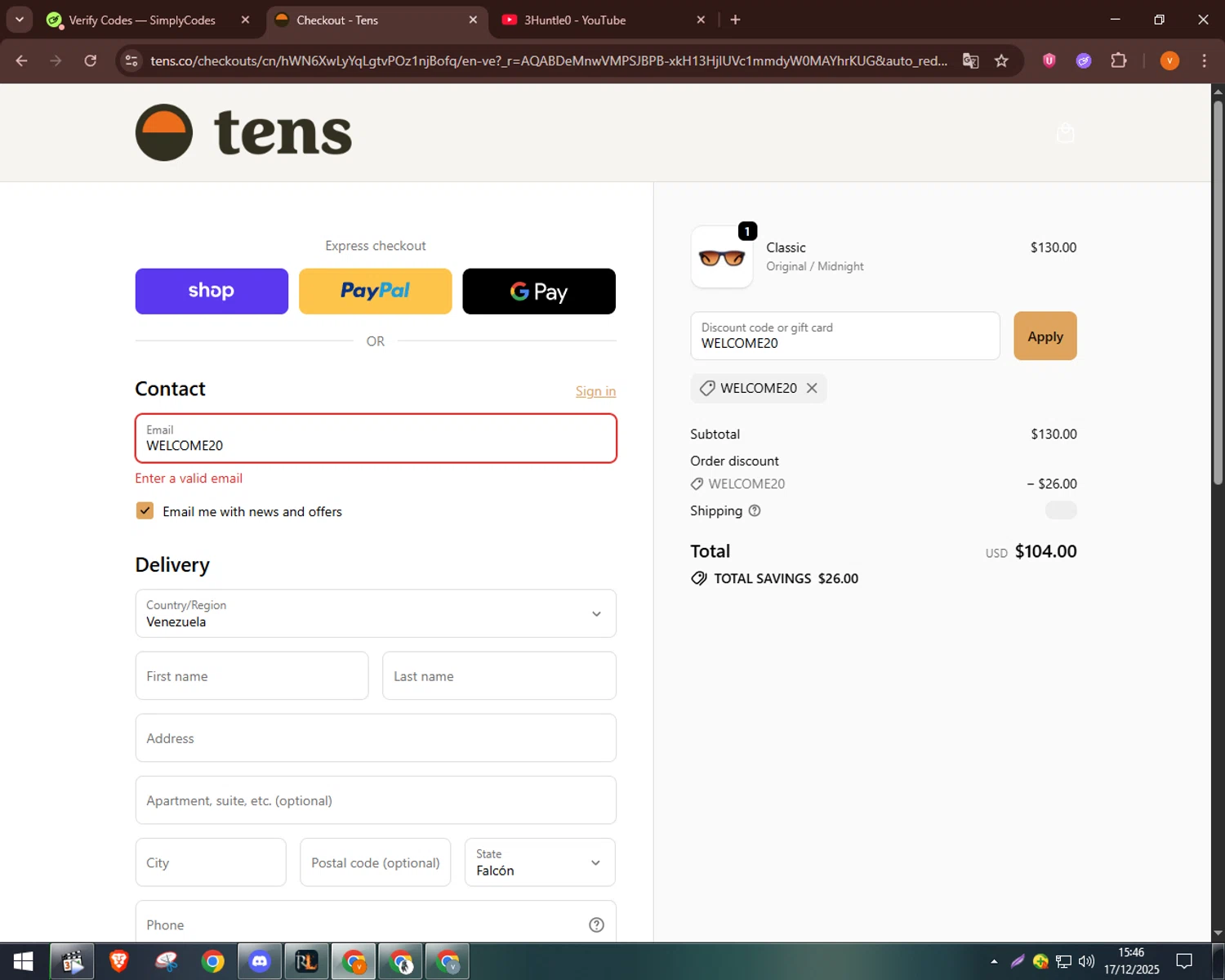 Tens discount code screenshot showing code WELCOME20 applied at Tens checkout page. Uploaded by SimplyCodes community member bulbasaur69 on Dec 17, 2025