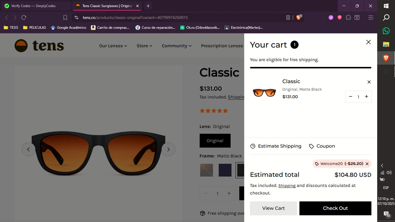 Tens discount code screenshot showing code WELCOME20 applied at Tens checkout page. Uploaded by SimplyCodes community member xXdevoragoticas69Xx on Oct 7, 2025