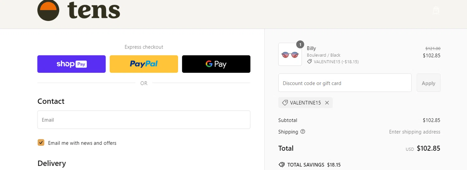 Tens discount code screenshot showing code VALENTINE15 applied at Tens checkout page. Uploaded by SimplyCodes community member jesspea on Feb 4, 2025