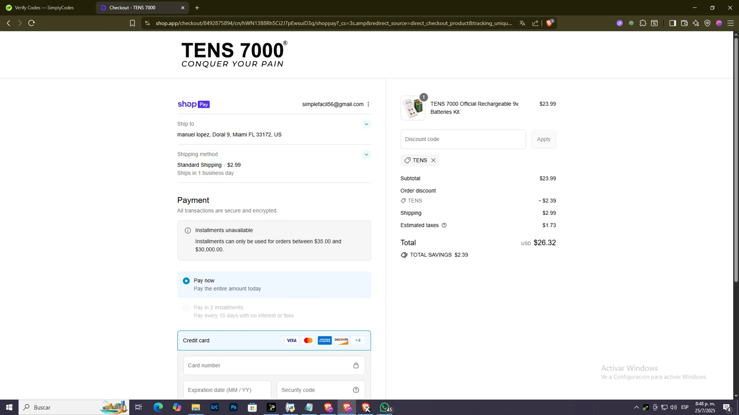 TENS 7000 promo code screenshot showing code TENS applied at TENS 7000 checkout page. Uploaded by SimplyCodes community member DiscountExpert556 on Jul 26, 2025