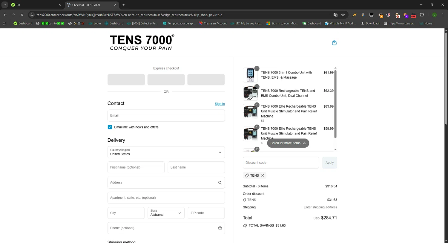 TENS 7000 promo code screenshot showing code TENS applied at TENS 7000 checkout page. Uploaded by SimplyCodes community member FortunateWizard717 on Sep 14, 2025