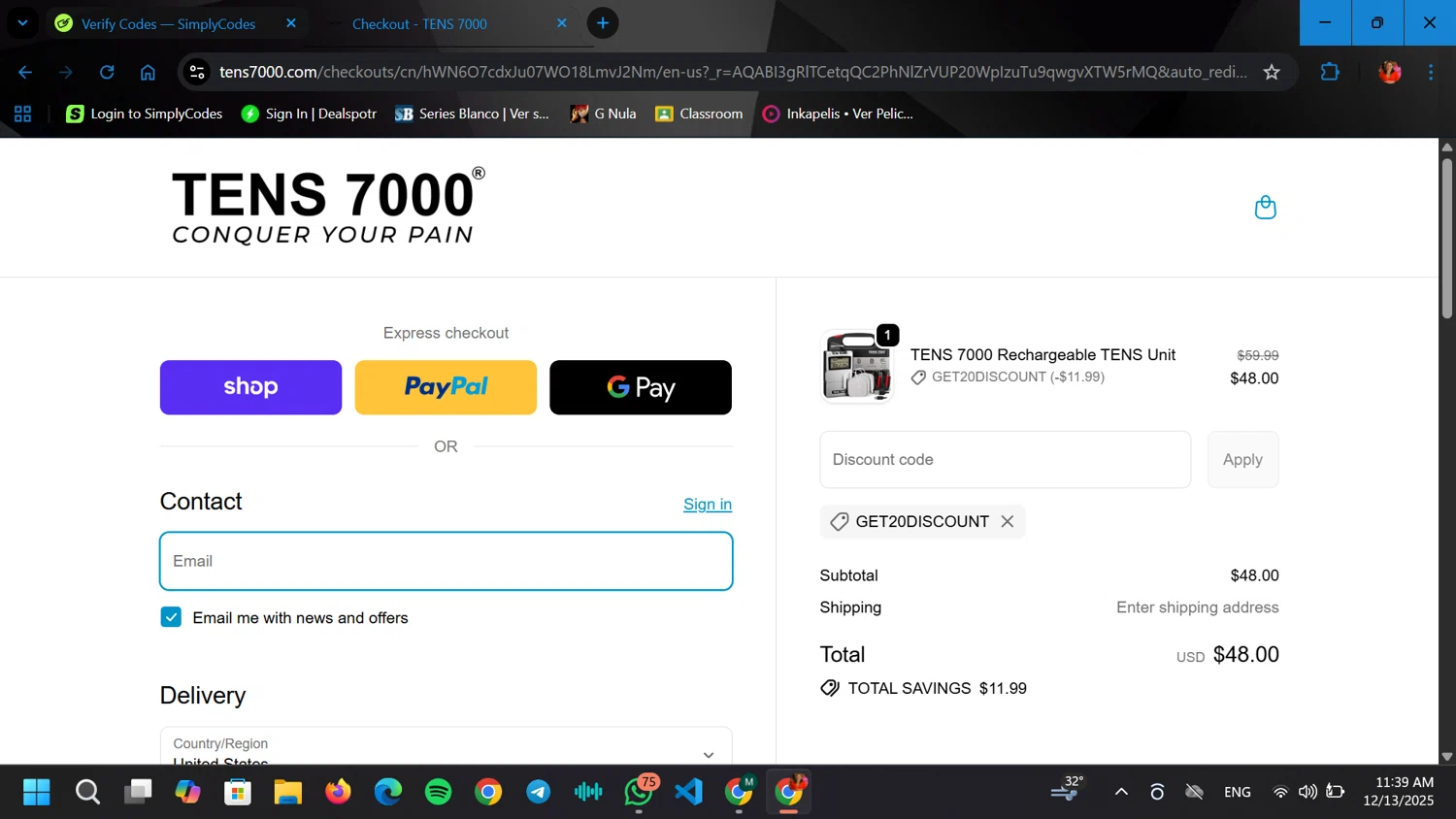 TENS 7000 promo code screenshot showing code GET20DISCOUNT applied at TENS 7000 checkout page. Uploaded by SimplyCodes community member ELGOAT on Dec 13, 2025