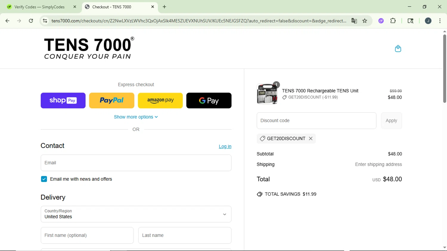 TENS 7000 promo code screenshot showing code GET20DISCOUNT applied at TENS 7000 checkout page. Uploaded by SimplyCodes community member GloriousCollector9930 on Jun 21, 2025