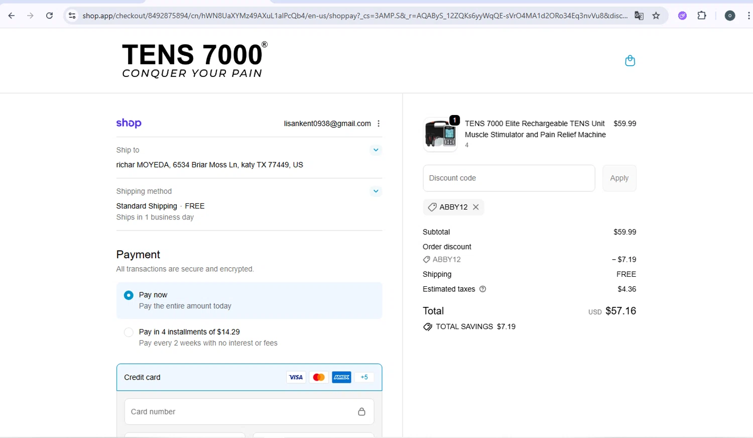 TENS 7000 checkout page showing TENS 7000 promo code box | Screenshot taken by SimplyCodes community member on Feb 7, 2026