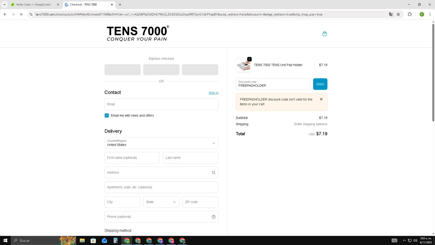 TENS 7000 promo code screenshot showing code FREEPADHOLDER applied at TENS 7000 checkout page. Uploaded by SimplyCodes community member SUZUKIV on Nov 6, 2025
