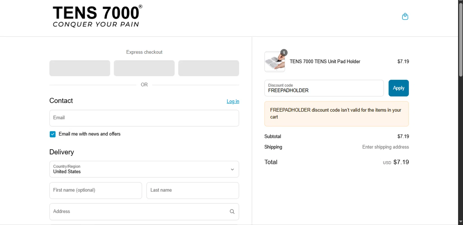 TENS 7000 promo code screenshot showing code FREEPADHOLDER applied at TENS 7000 checkout page. Uploaded by SimplyCodes community member Xiooh292929 on Jun 20, 2025
