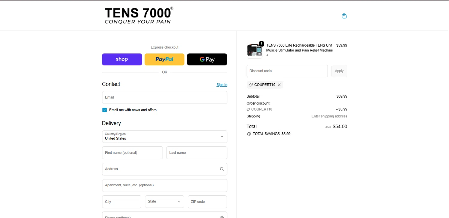 TENS 7000 promo code screenshot showing code Coupert10 applied at TENS 7000 checkout page. Uploaded by SimplyCodes community member DealSleuth3125 on Jan 29, 2026