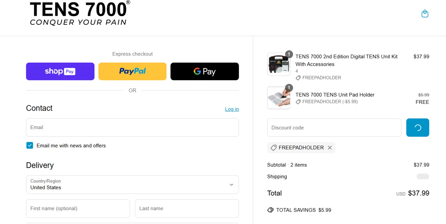 TENS 7000 promo code screenshot showing code FREEPADHOLDER applied at TENS 7000 checkout page. Uploaded by SimplyCodes community member jesspea on May 7, 2025