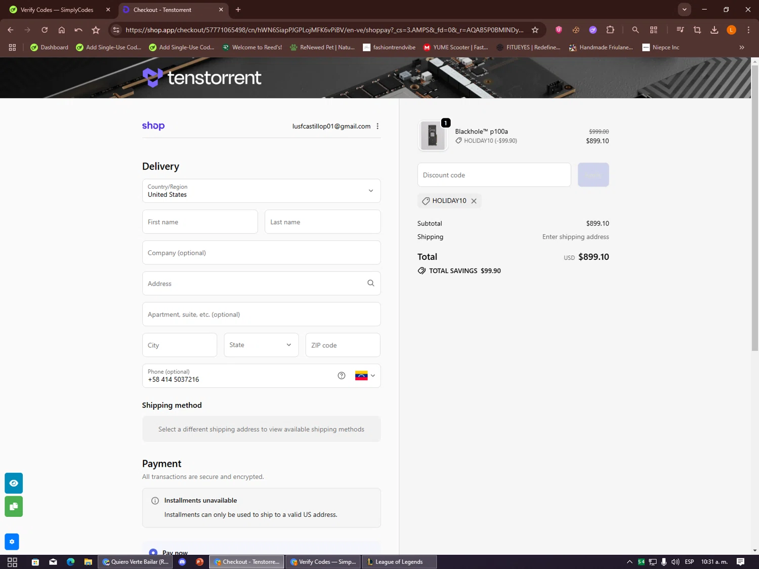 Tenstorrent promo code screenshot showing code HOLIDAY10 applied at Tenstorrent checkout page. Uploaded by SimplyCodes community member Alalee on Dec 15, 2025
