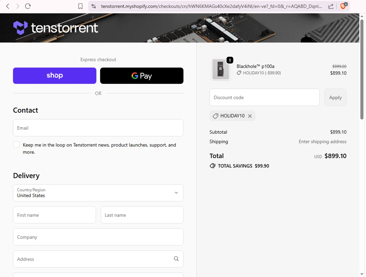 Tenstorrent promo code screenshot showing code HOLIDAY10 applied at Tenstorrent checkout page. Uploaded by SimplyCodes community member MoneySpotter869 on Dec 12, 2025