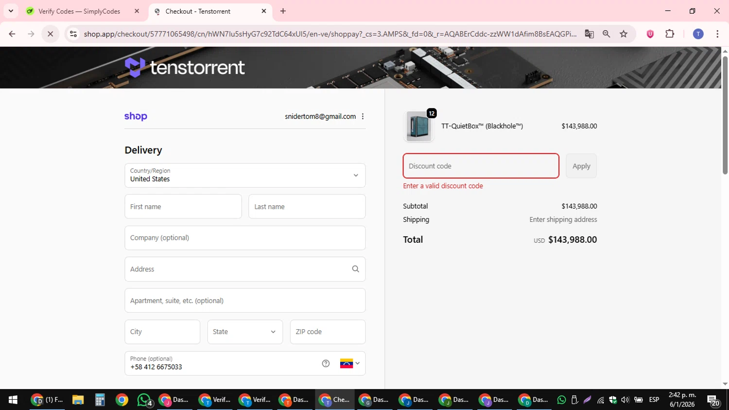 Tenstorrent promo code screenshot showing code HOLIDAY10 applied at Tenstorrent checkout page. Uploaded by SimplyCodes community member snidertom8 on Jan 6, 2026