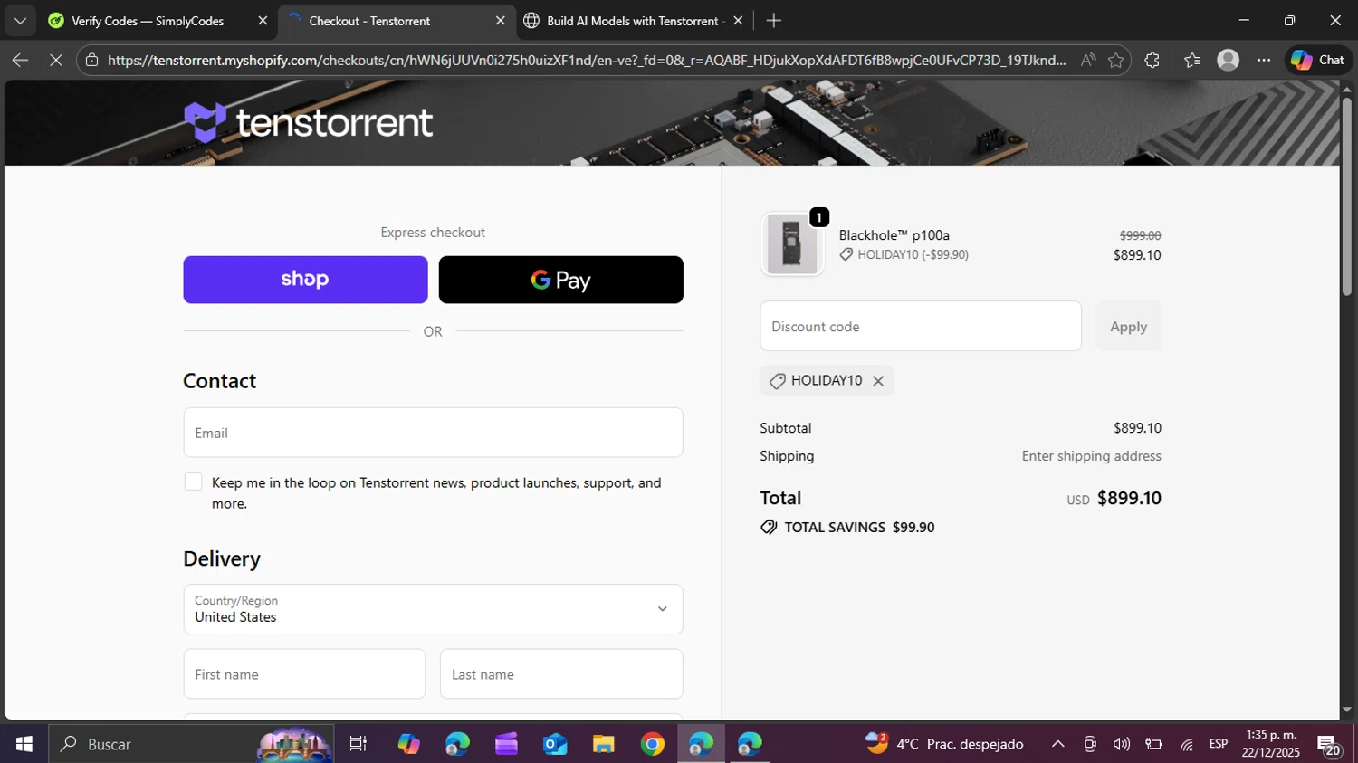 Tenstorrent promo code screenshot showing code HOLIDAY10 applied at Tenstorrent checkout page. Uploaded by SimplyCodes community member swiftie on Dec 22, 2025